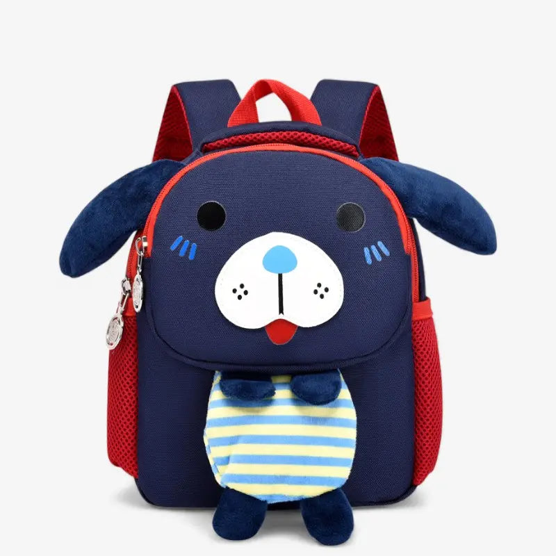 Sac à dos enfant chien bleu marine vu de face, avec oreilles souples et poche avant rayée