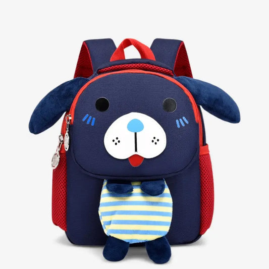 Sac à dos enfant chien bleu marine vu de face, avec oreilles souples et poche avant rayée