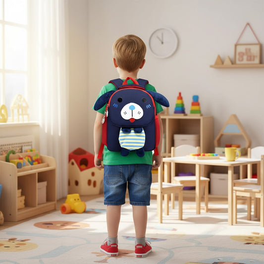 Enfant portant un sac à dos chien bleu marine dans une chambre