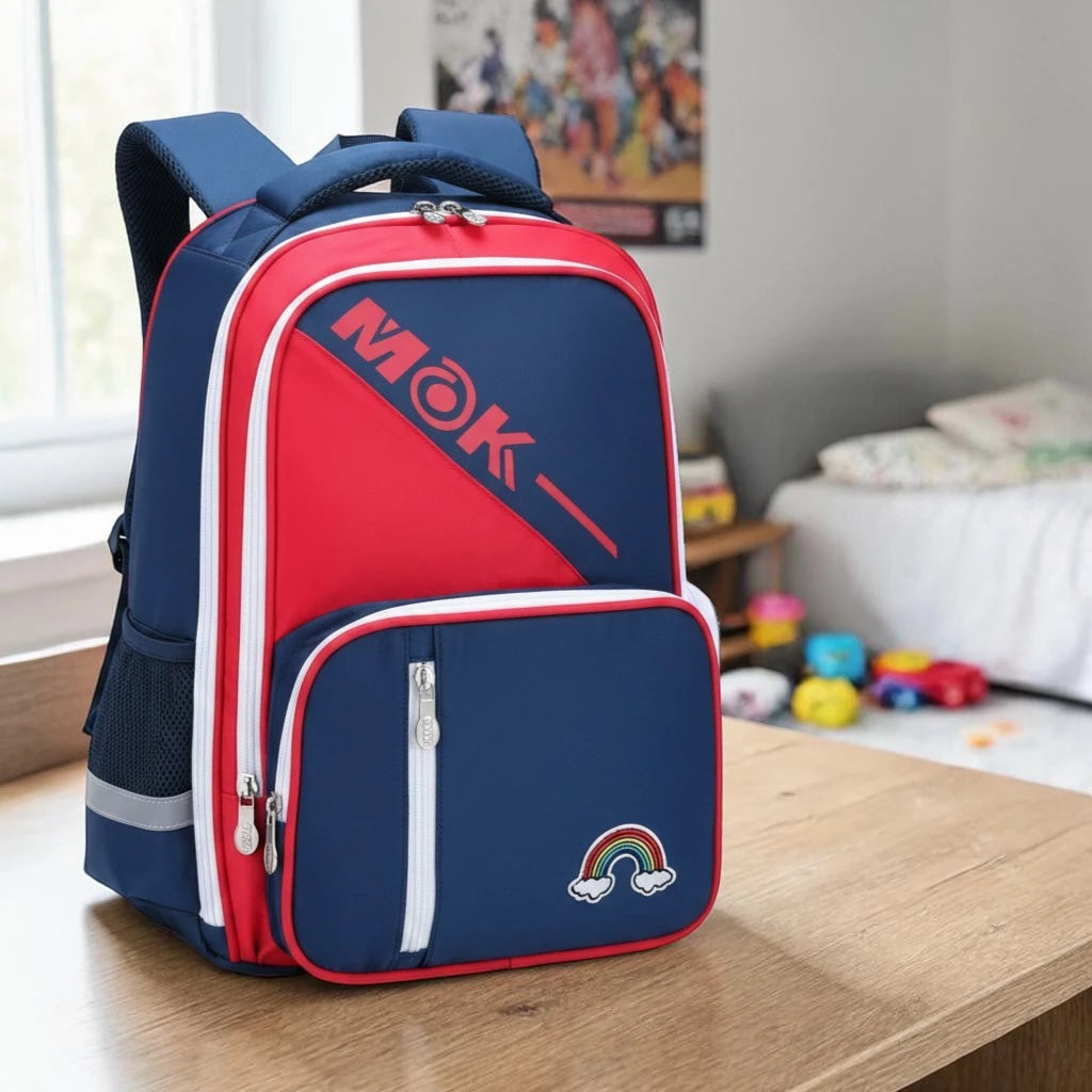 Sac à dos ergonomique bleu et rouge pour enfant posé sur un bureau