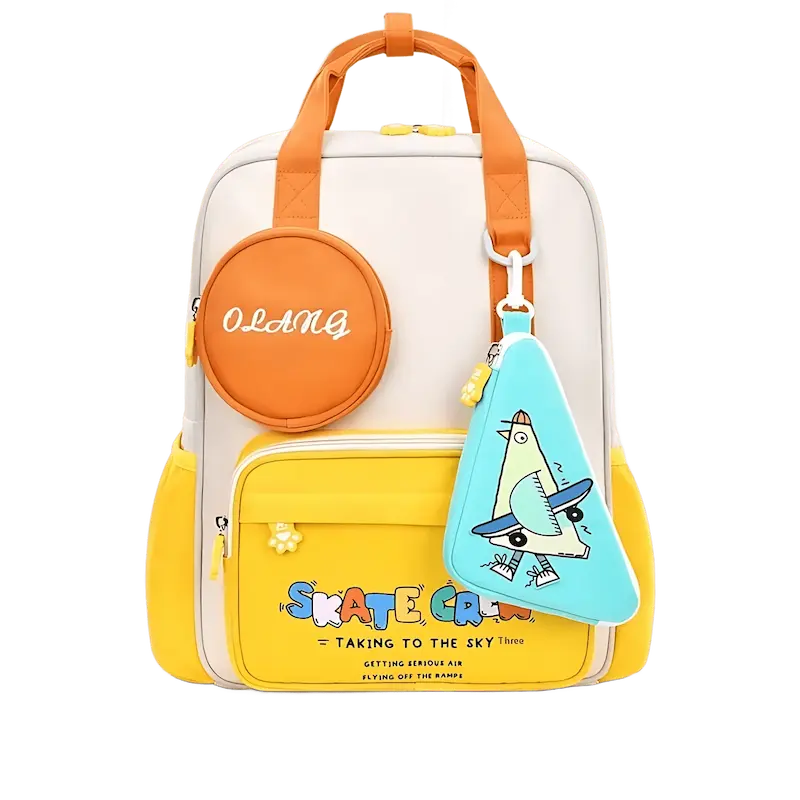Sac à dos ergonomique enfant blanc et orange avec pochette ronde orange et trousse motif oiseau