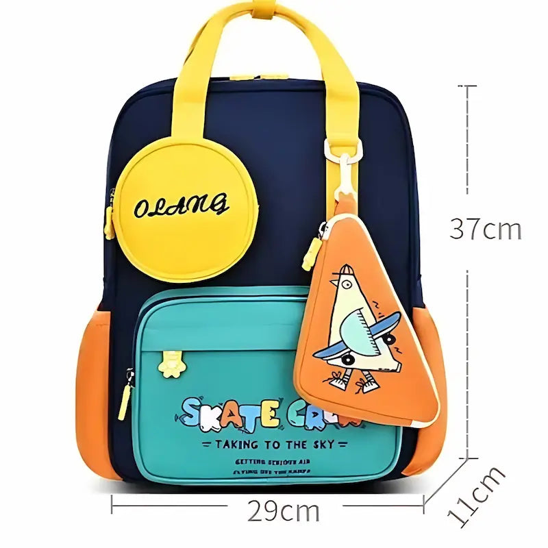 Sac à dos ergonomique enfant bleu marine et orange avec dimensions 37 x 29 x 11 cm