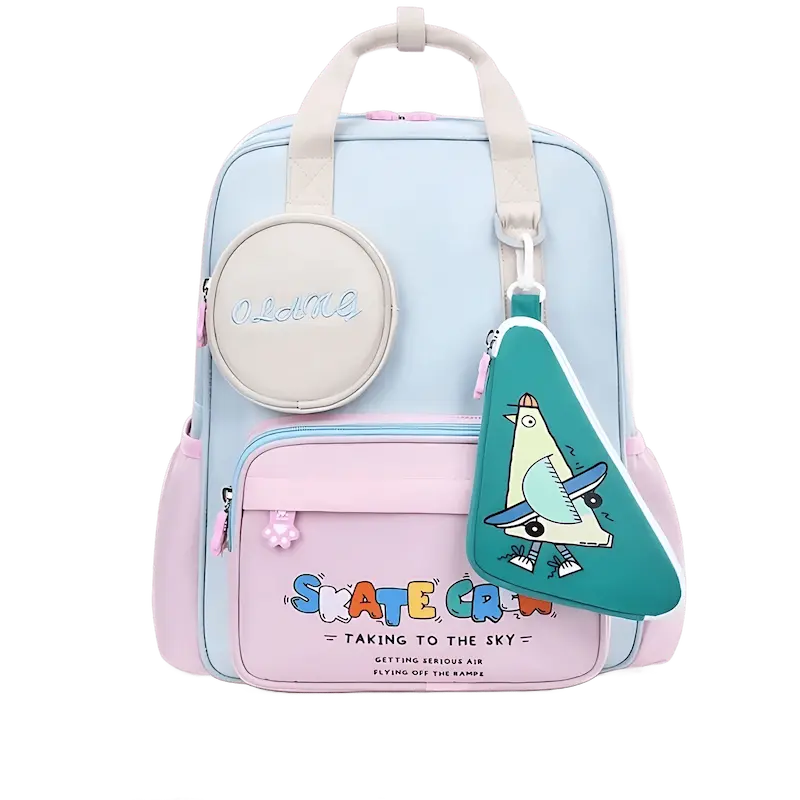 Sac à dos ergonomique enfant bleu clair et rose avec pochette bleue et trousse motif oiseau