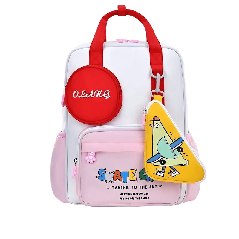 Sac à dos ergonomique enfant rose et rouge avec pochette jaune et trousse motif oiseau