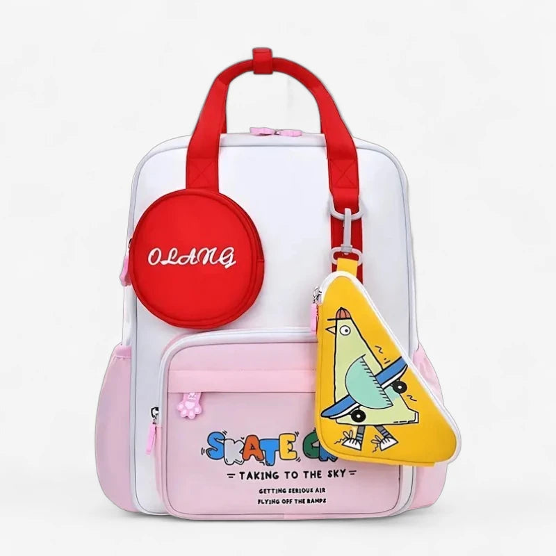 Sac à dos ergonomique enfant rose et rouge avec pochette jaune et trousse motif oiseau