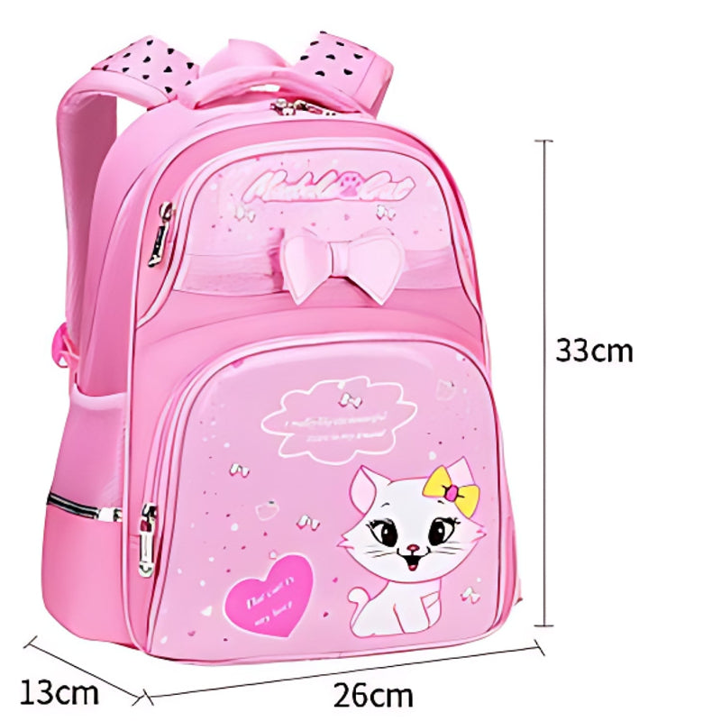 Sac à dos rose motif chat dimension. 13 x 26 x 33 cm