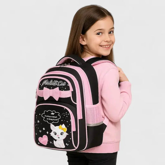 Fille portant un sac à dos ergonomique rose motif chat