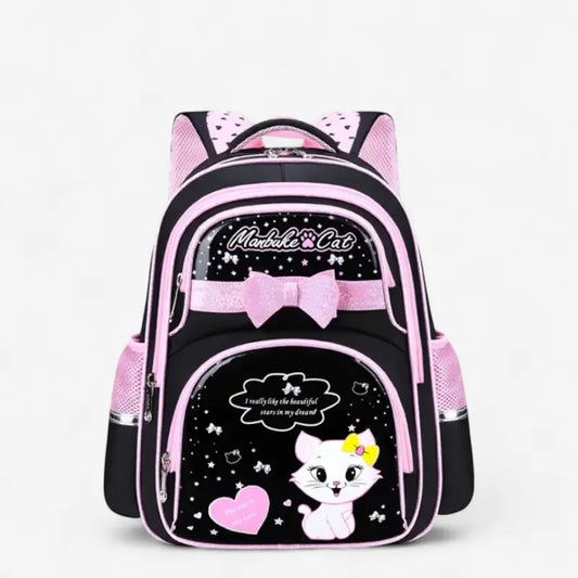 Sac à dos ergonomique fille motif chat rose et noir avec nœud décoratif