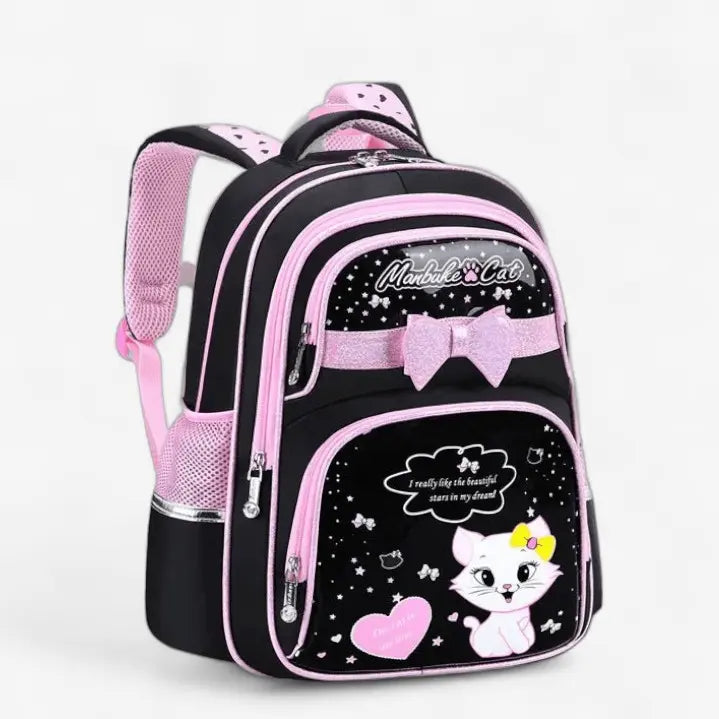 Sac à dos ergonomique fille motif chat rose et noir avec nœud décoratif