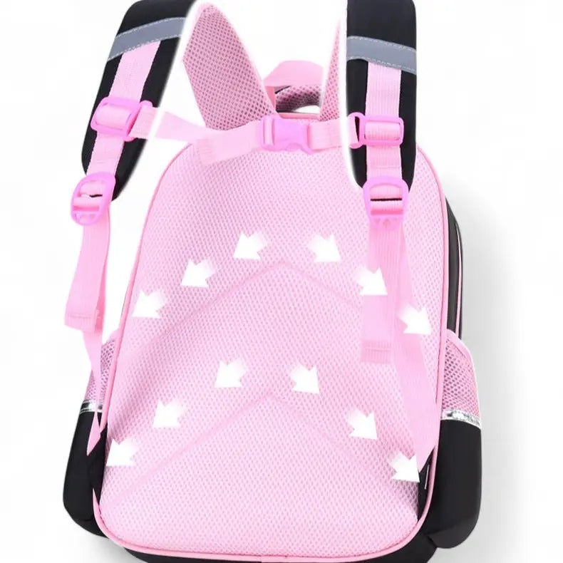 Sac à dos rose motif chat avec bandes réfléchissantes à l’arrière