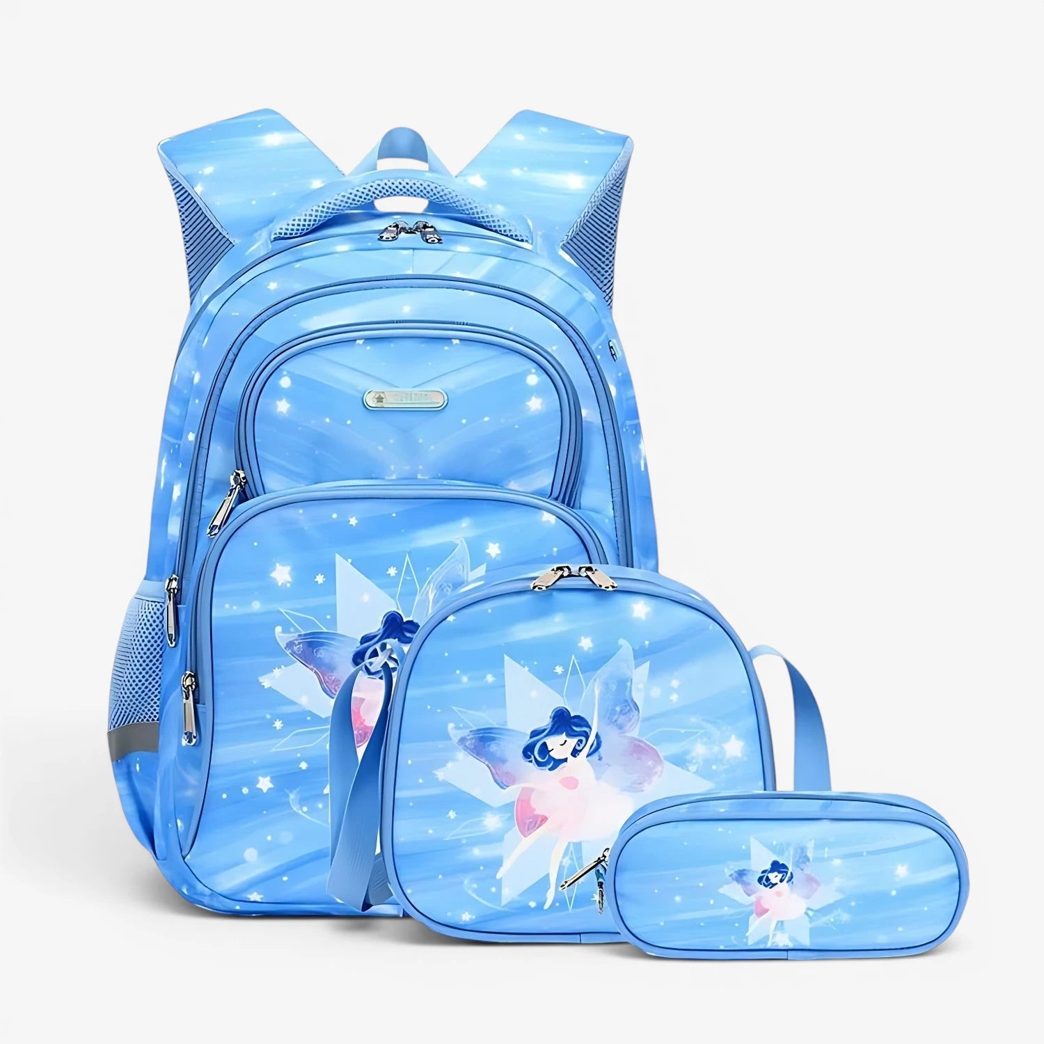Sac à dos ergonomique fille fée bleue ensemble scolaire 3 pièces avec trousse et sac repas assortis