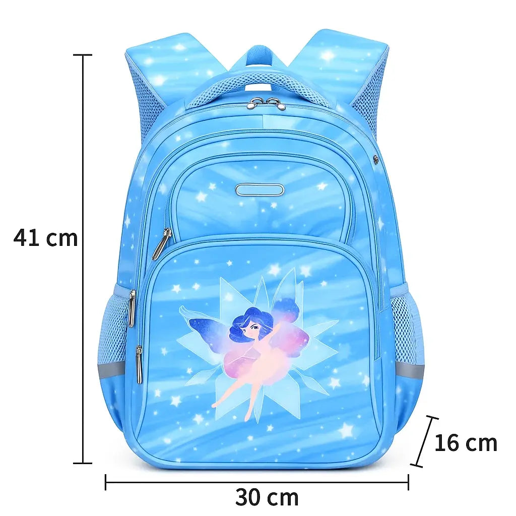 Sac à dos ergonomique bleu avec motif féerique et dimensions 41 × 30 × 16 cm affichées.