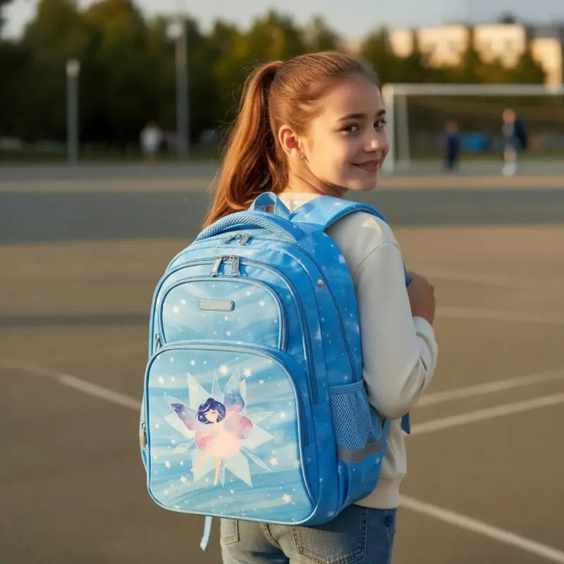 Jeune fille portant un sac à dos bleu illustré d’une fée, modèle ergonomique scolaire.