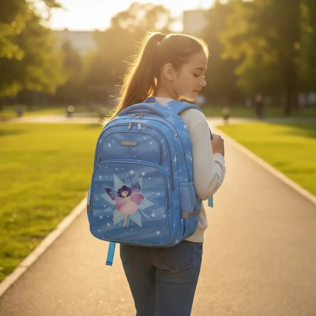 Jeune fille portant un sac à dos bleu illustré d’une fée, modèle ergonomique scolaire sur le chemin de l'école 