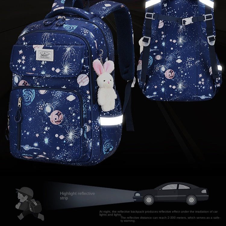 Deux sacs à dos ergonomique fille bleu nuit motif étoiles avec peluche lapin, école primaire