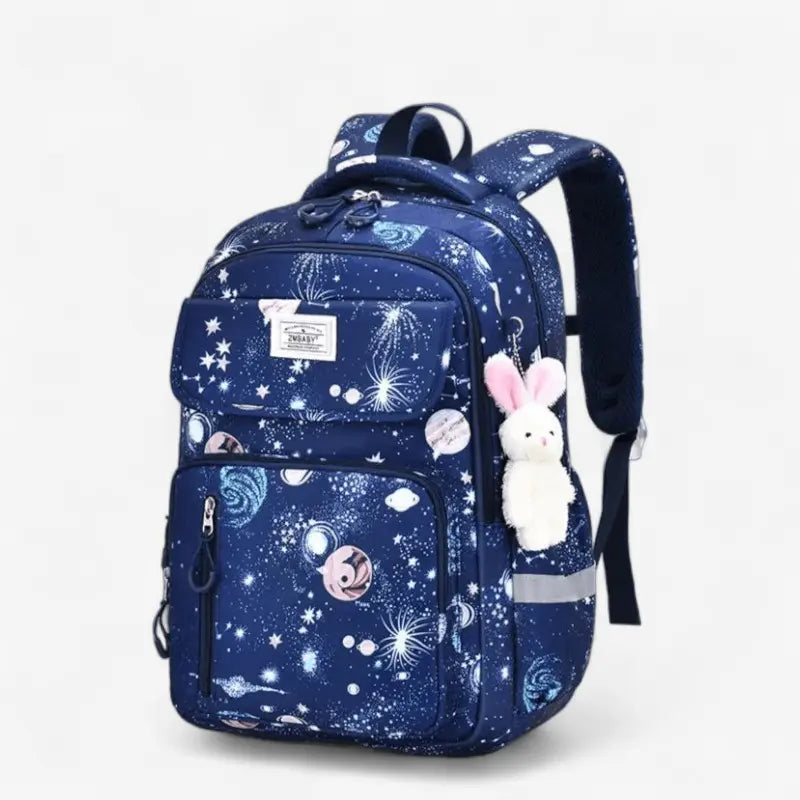 Sac à dos ergonomique fille bleu nuit motif étoiles avec peluche lapin pour école primaire