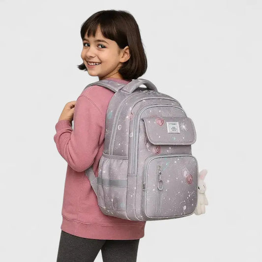 Jeune fille portant un sac à dos ergonomique gris avec peluche lapin pour école primaire