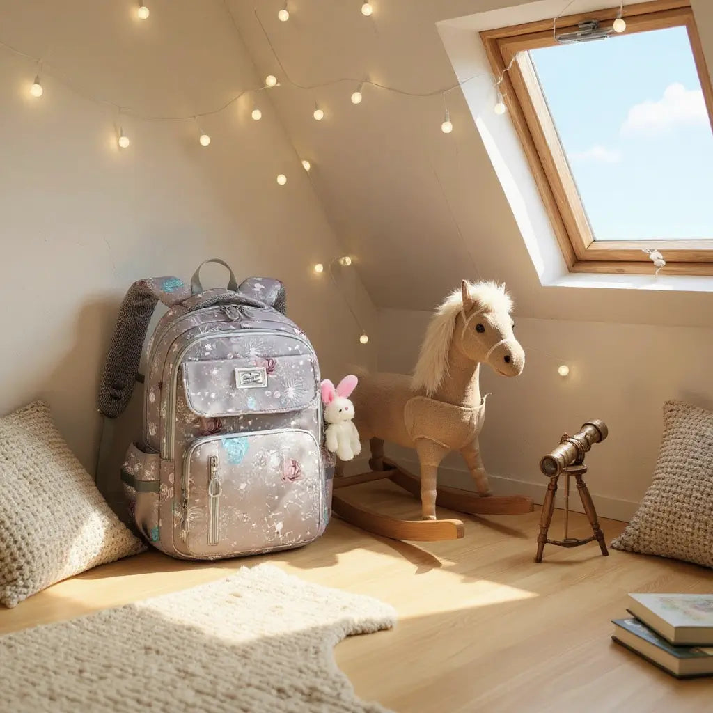 Sac à dos ergonomique gris pour fille posé dans une chambre de fillette 