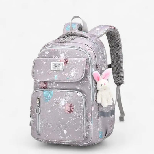 Sac à dos ergonomique fille gris avec motif étoiles et peluche lapin, adapté école primaire