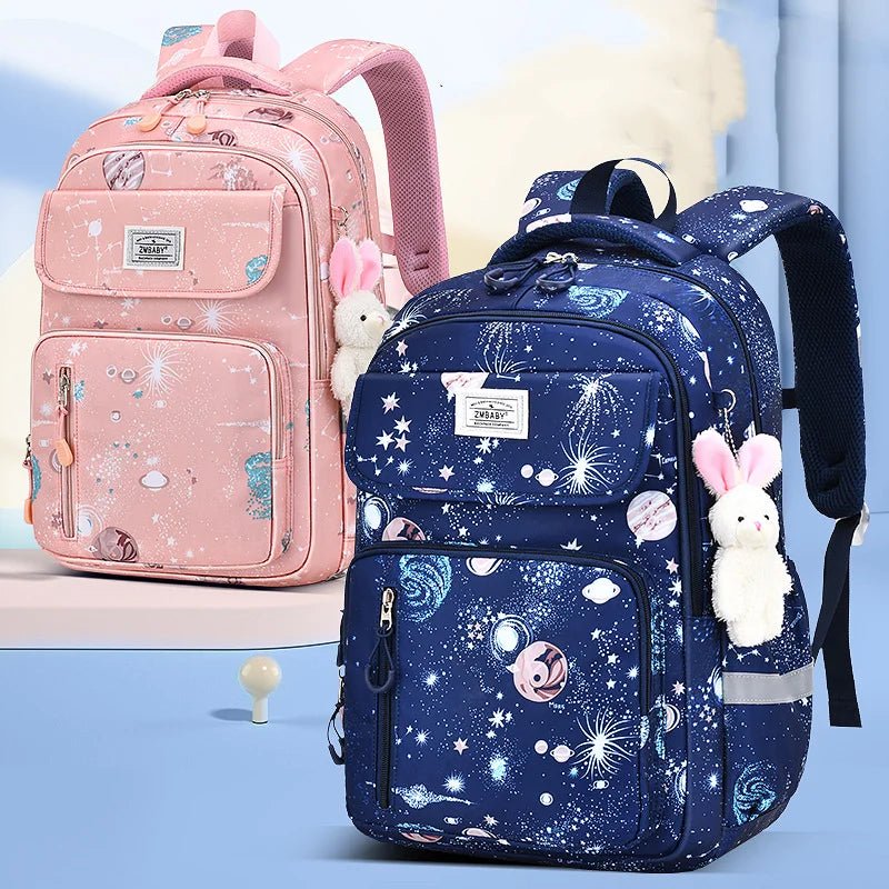 Sac à dos ergonomique fille rose et bleu avec motif étoiles et peluche lapin,format scolaire primaire
