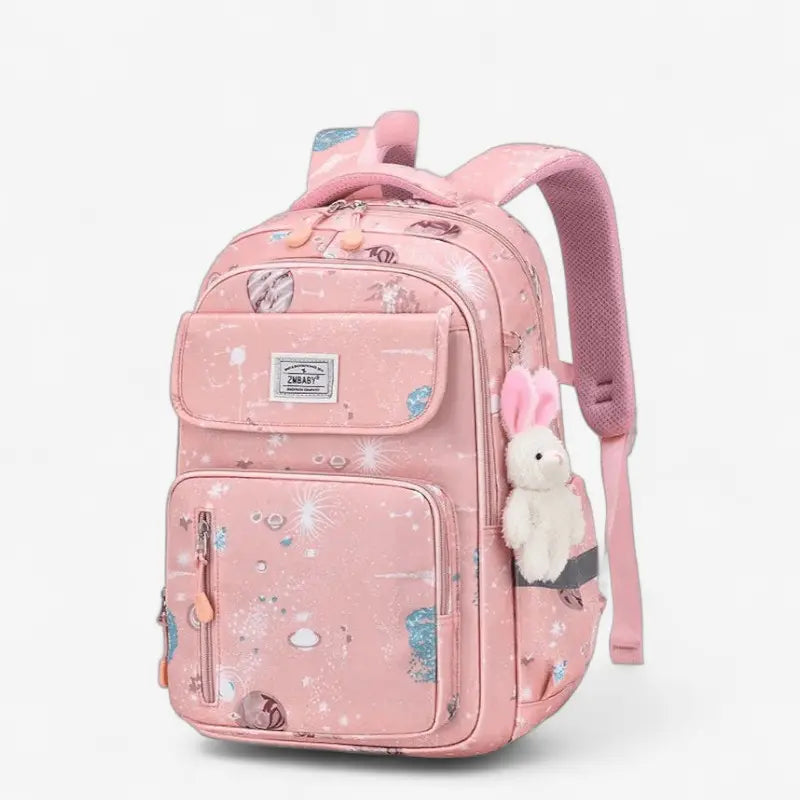Sac à dos ergonomique fille rose pastel motif étoiles avec peluche lapin, adapté école primaire
