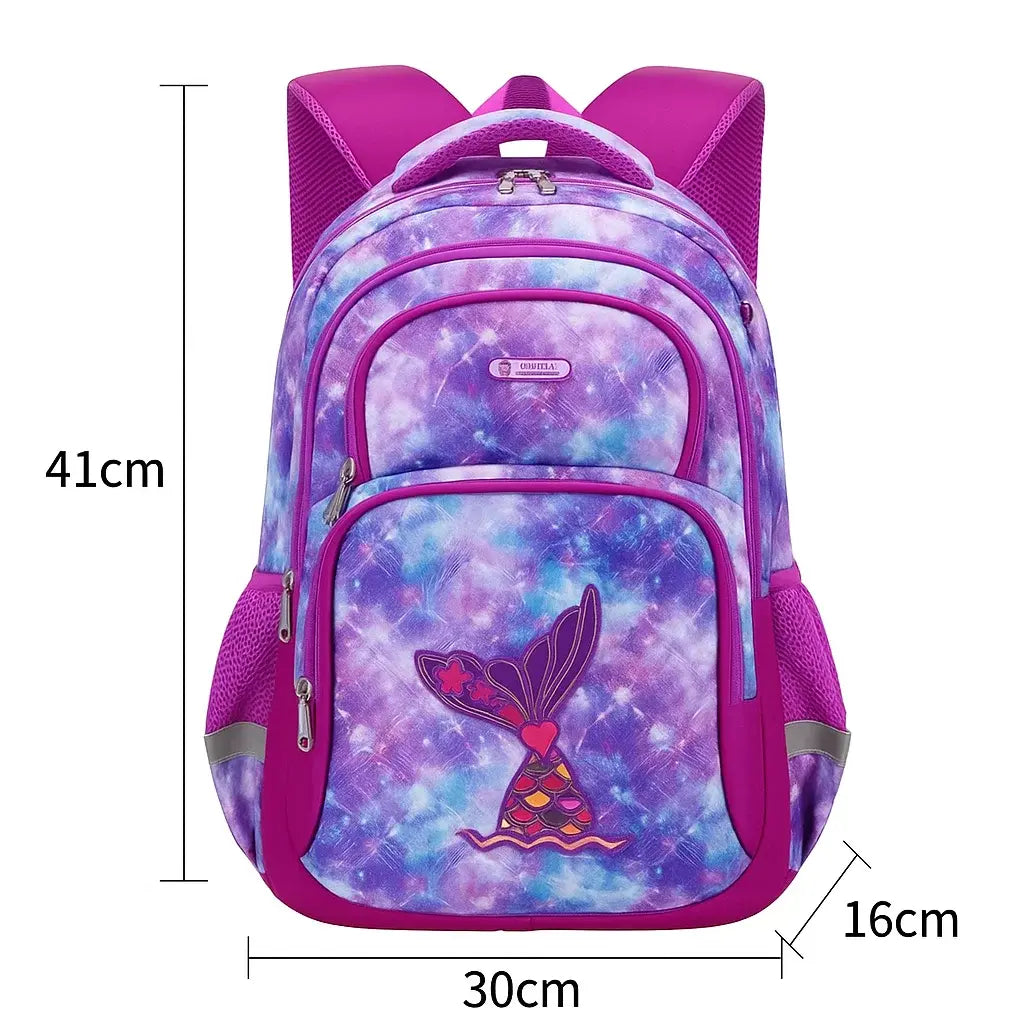 Sac à dos ergonomique violet à motif de sirène avec dimensions 41 × 30 × 16 cm affichées.