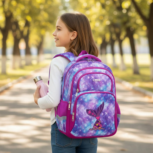 Jeune fille portant un sac à dos violet à motif de sirène, modèle ergonomique scolaire.