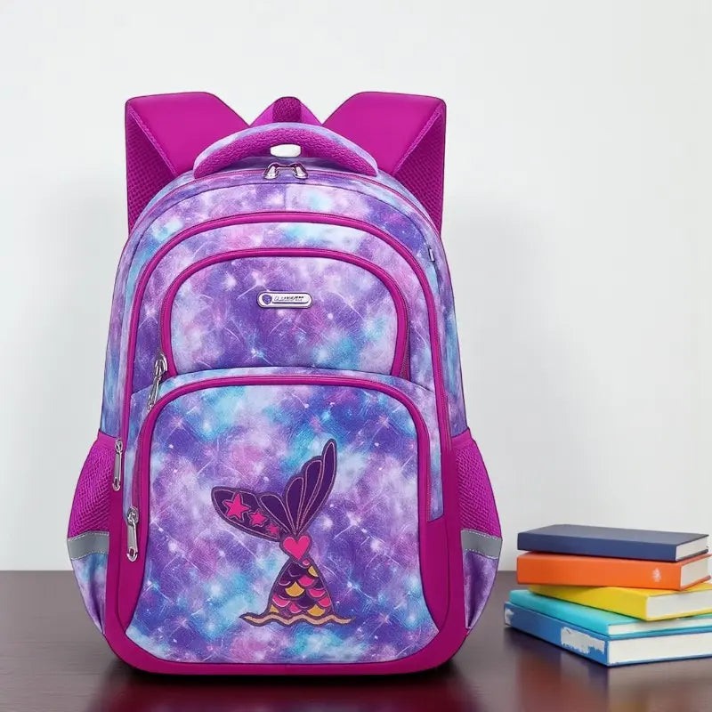 Sac à dos violet à motif sirène posé sur un bureau avec livres et fond clair.