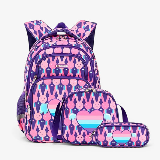 Sac à dos ergonomique violet pour fille avec trousse et sac repas assortis
