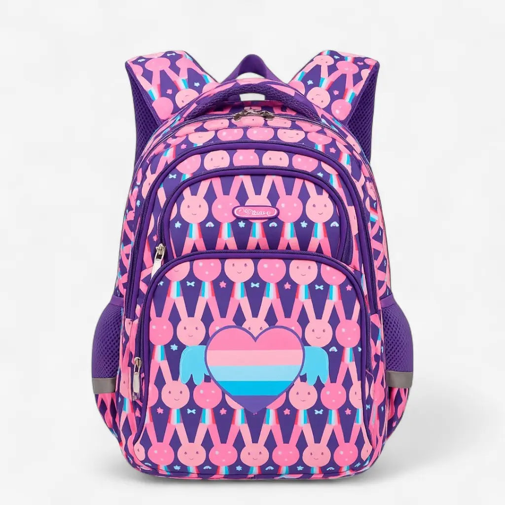 Vue avant du sac à dos ergonomique violet avec motifs roses et bleus pour fille.