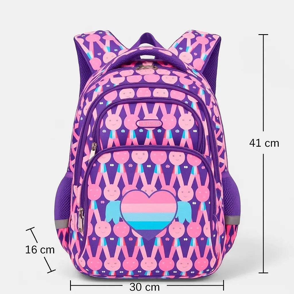 Sac à dos ergonomique violet avec motifs géométriques et dimensions 41 × 30 × 15 cm indiquées.