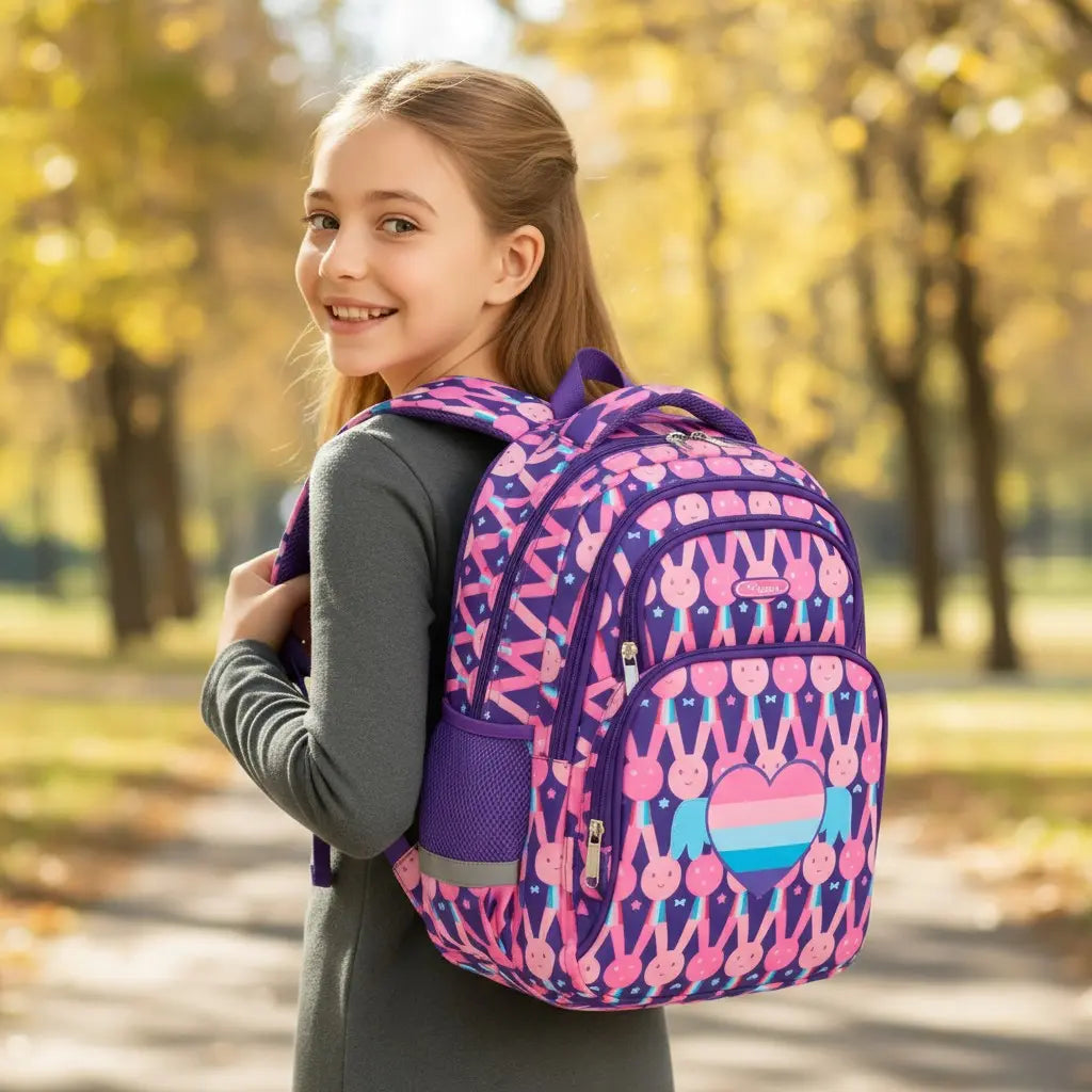 Jeune fille portant un sac à dos ergonomique violet à motifs géométriques dans un parc.
