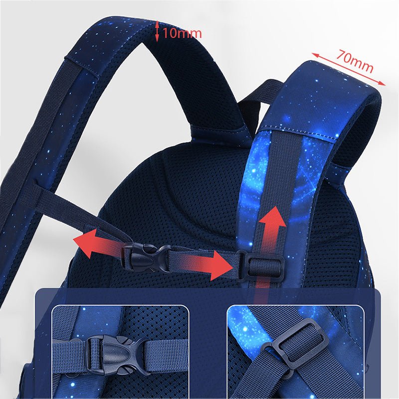 Gros plan sur les bretelles réglables et rembourrées du sac à dos ergonomique galaxie bleu