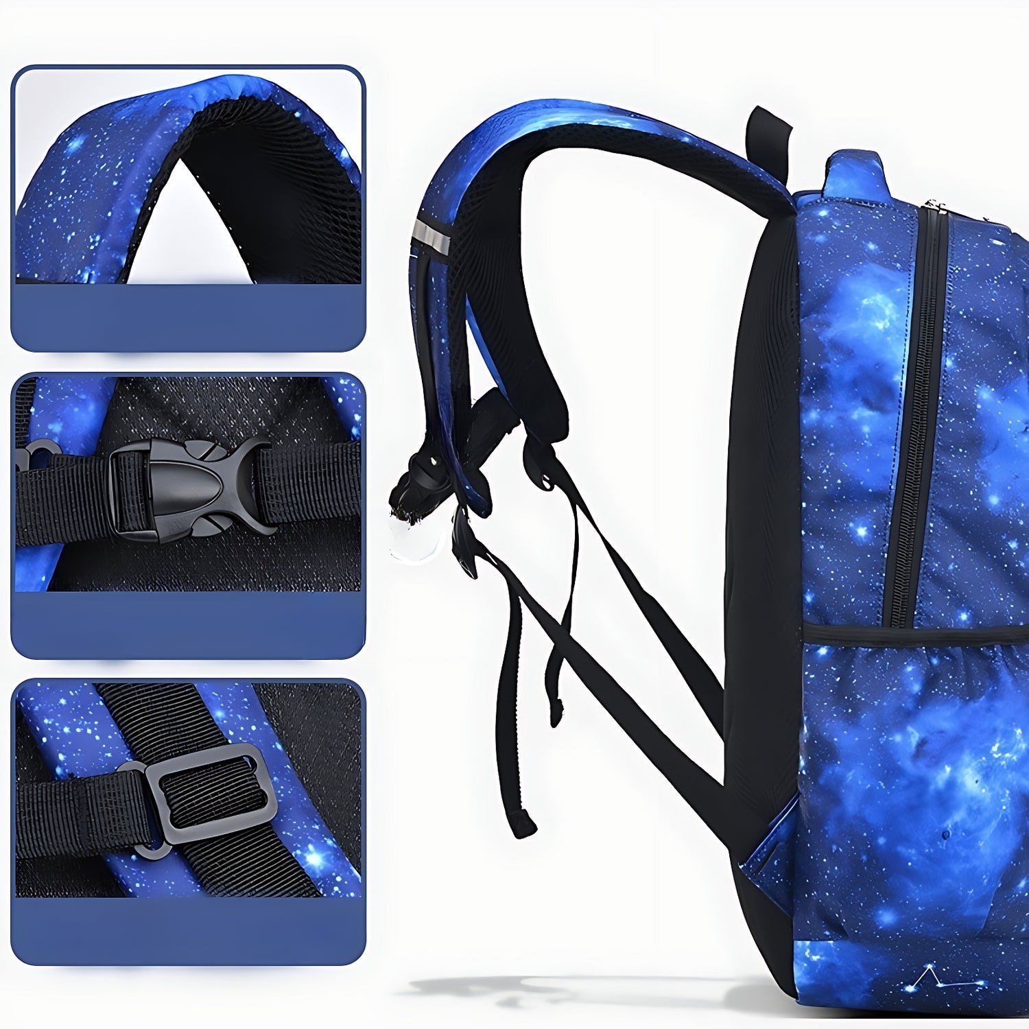 Sac à dos ergonomique bleu motif galaxie – vue latérale avec sangles ajustables