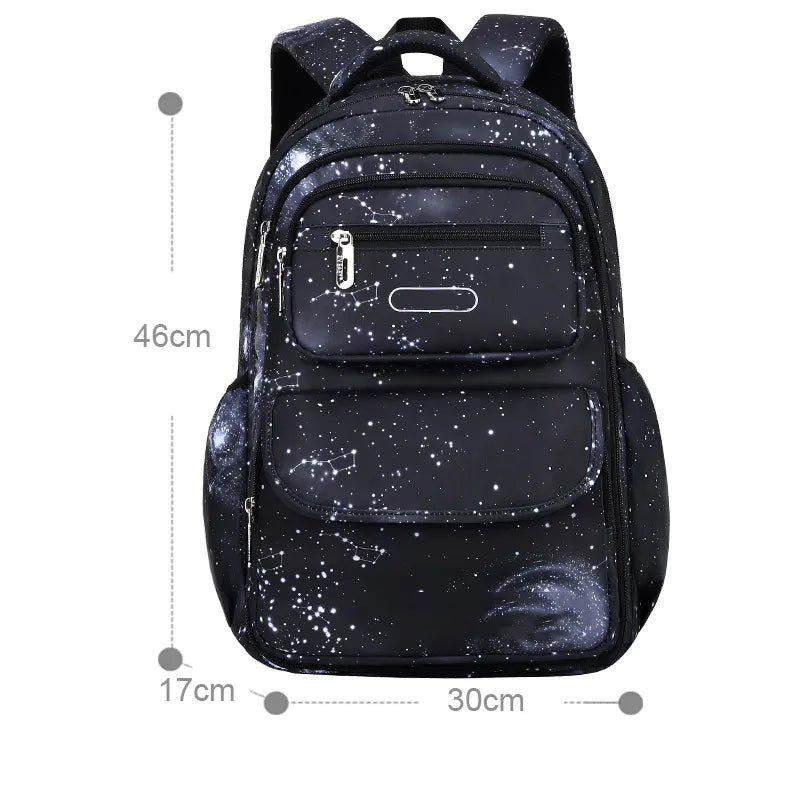 Dimensions du sac à dos ergonomique bleu motif galaxie – hauteur 46 cm, largeur 30 cm, profondeur 17 cm