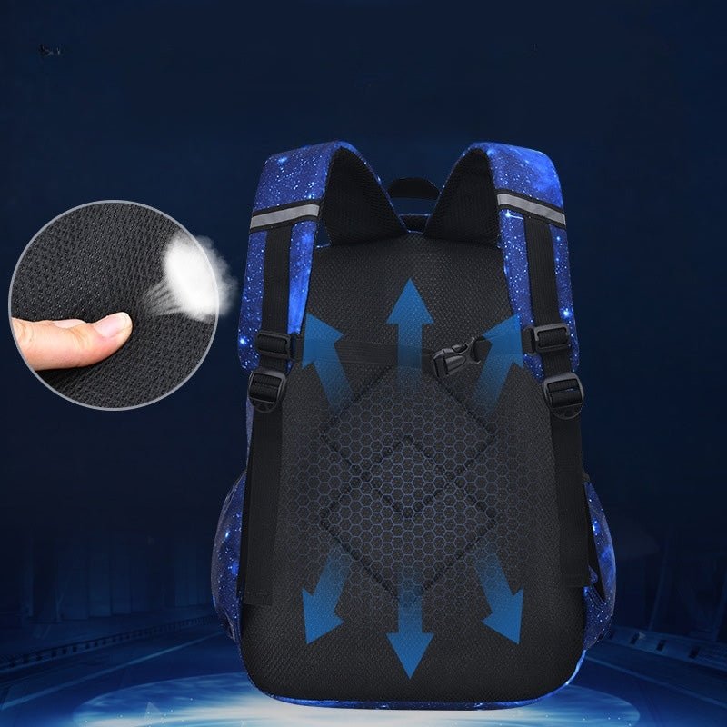 Dos ventilé et ergonomique du sac à dos  bleu motif galaxie