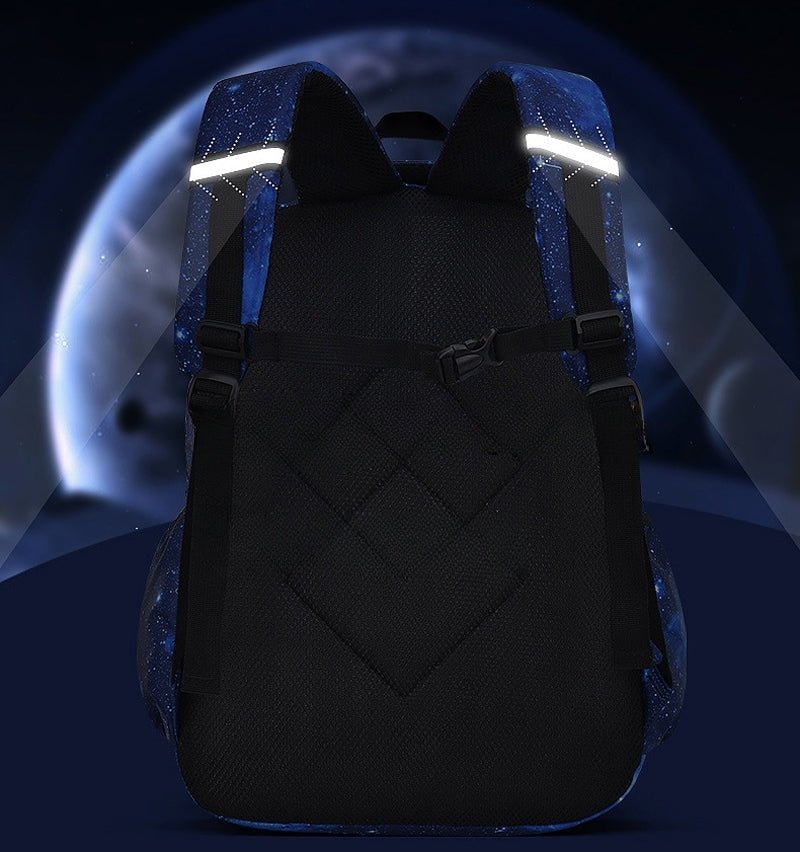 Sac à dos ergonomique bleu motif galaxie – vue arrière avec dossier ergonomique rembourré