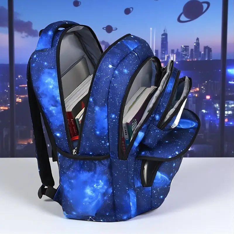 Vue intérieure du sac à dos ergonomique bleu motif galaxie avec rangement pour fournitures scolaires