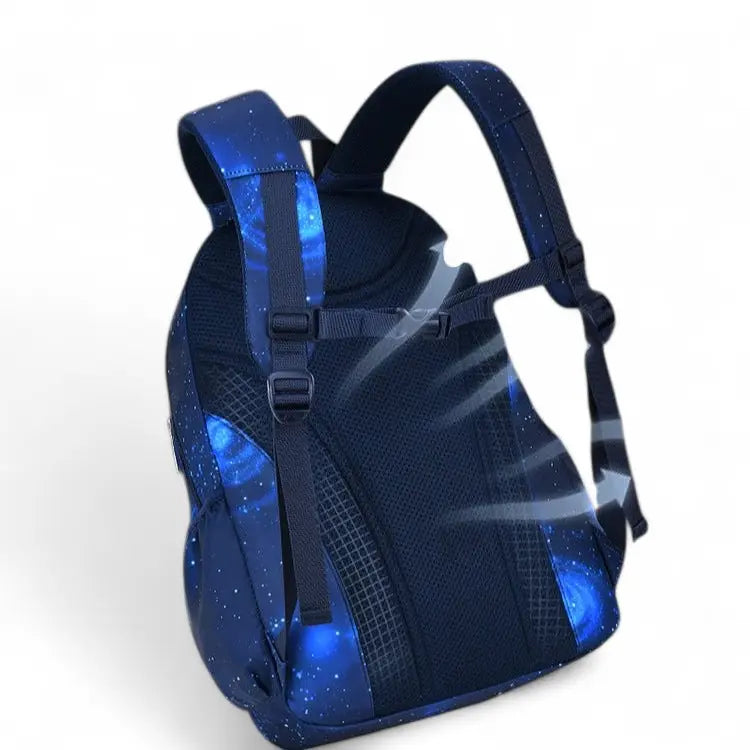 Sac à dos ergonomique bleu motif galaxie – vue de profil avec bretelles respirantes