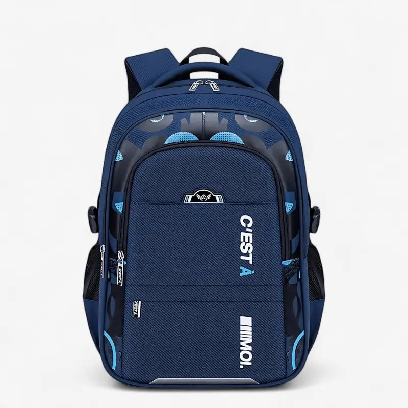 Sac à dos scolaire ergonomique bleu pour garçon, avec soutien dorsal et motifs géométriques, adapté au primaire et au collège.