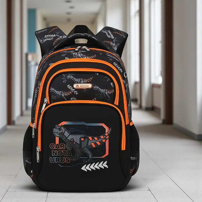 Sac à dos ergonomique Carnotaurus noir et orange posé dans un couloir d’école.