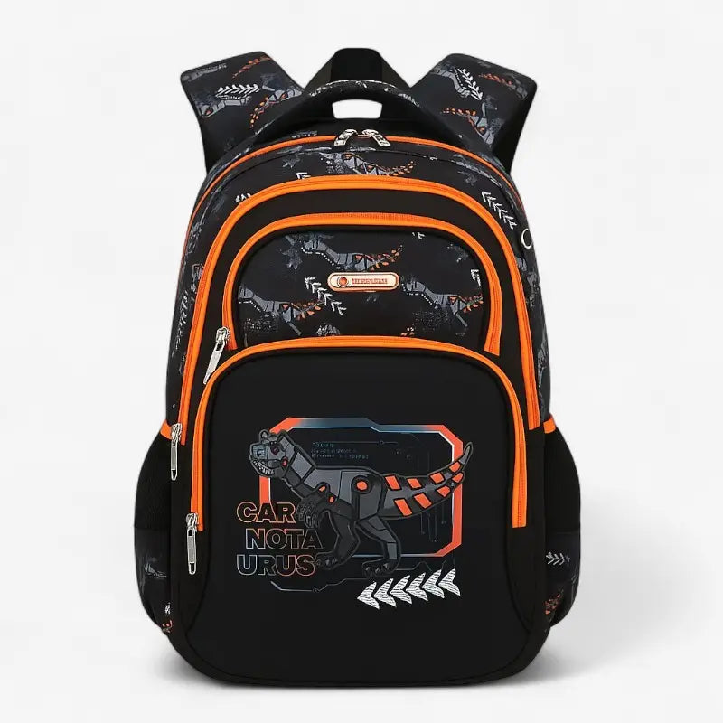 Vue avant du sac à dos ergonomique noir à motif Carnotaurus et détails orange.