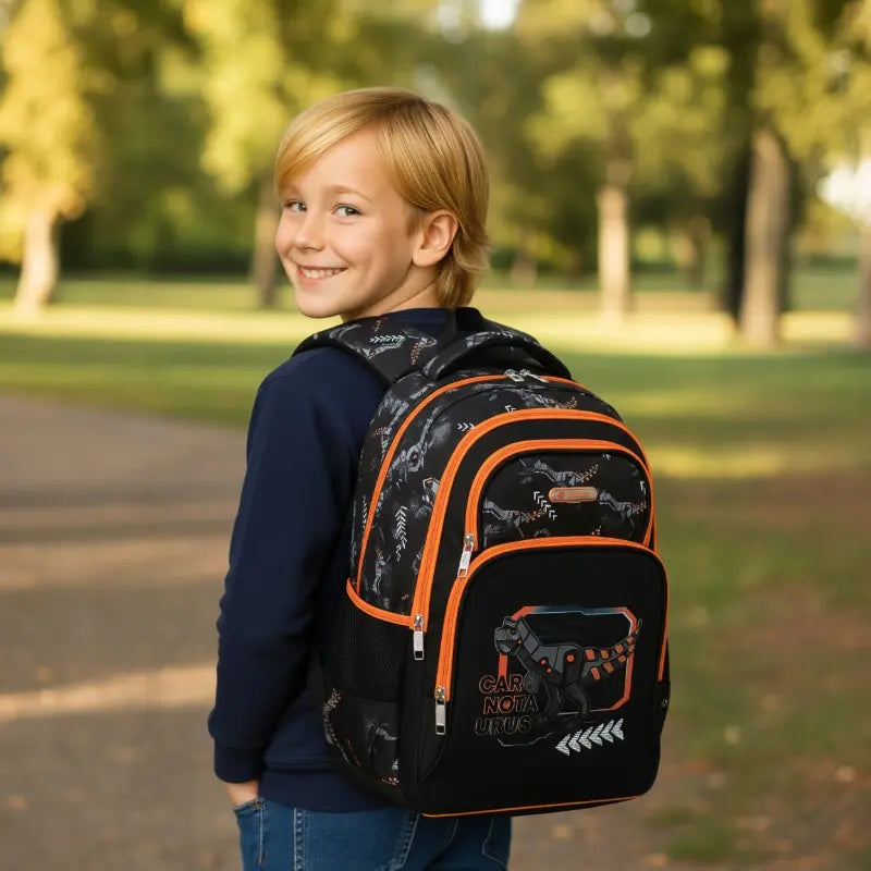 Garçon portant un sac à dos noir et orange avec motif Carnotaurus, modèle ergonomique scolaire.