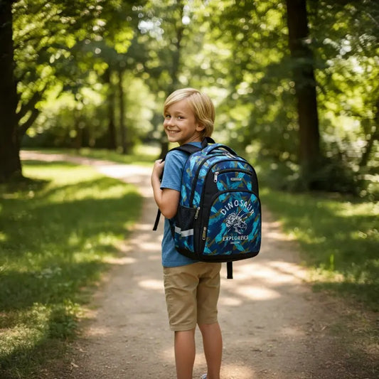 Garçon portant un sac à dos ergonomique bleu avec motif dinosaure sur un chemin boisé.