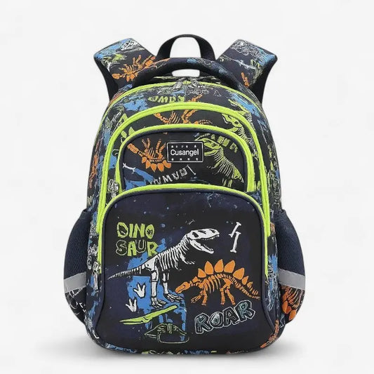 Vue avant du sac à dos ergonomique garçon avec motifs de dinosaures fluorescents multicolores.