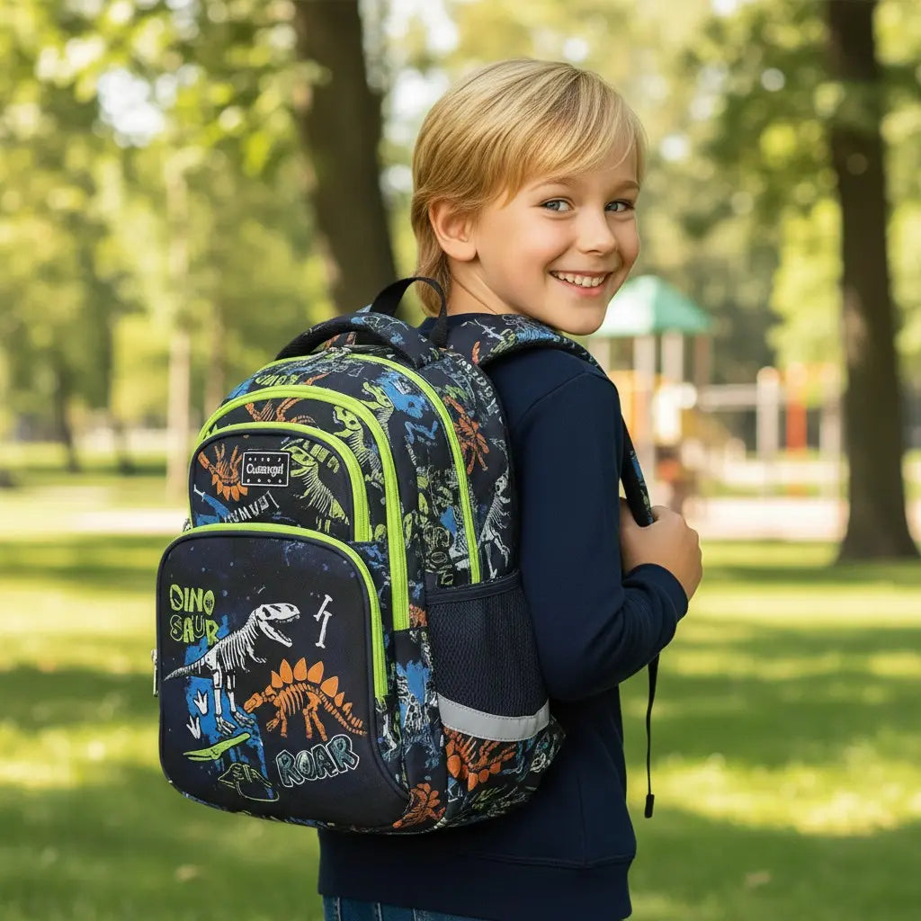 Jeune garçon portant un sac à dos dinosaure multicolore dans un parc, modèle ergonomique.