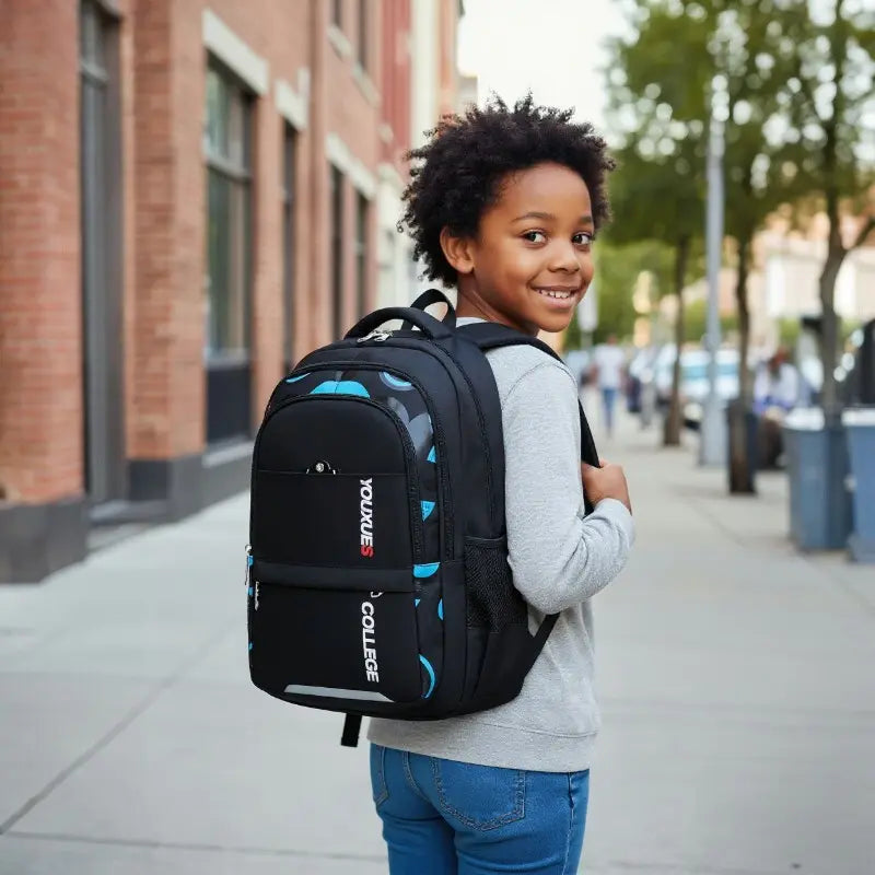 Sac à dos ergonomique noir et bleu porté par un garçon, idéal pour l’école primaire et le collège