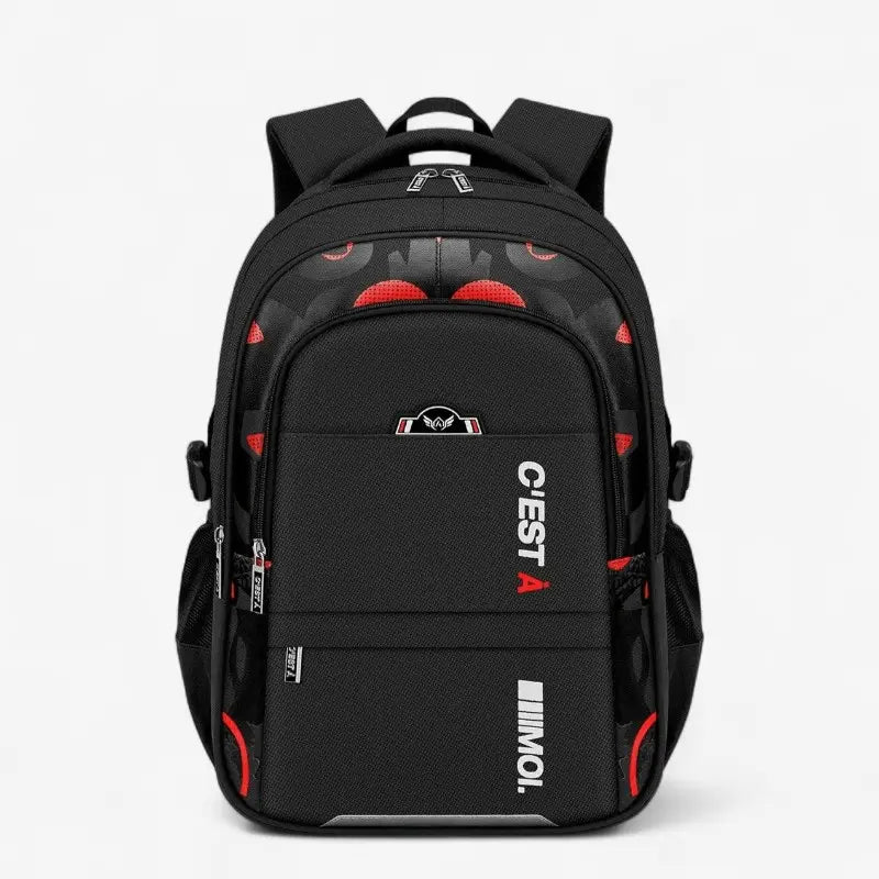 Sac à dos scolaire ergonomique bleu pour garçon, avec soutien dorsal et motifs géométriques, adapté au primaire et au collège.