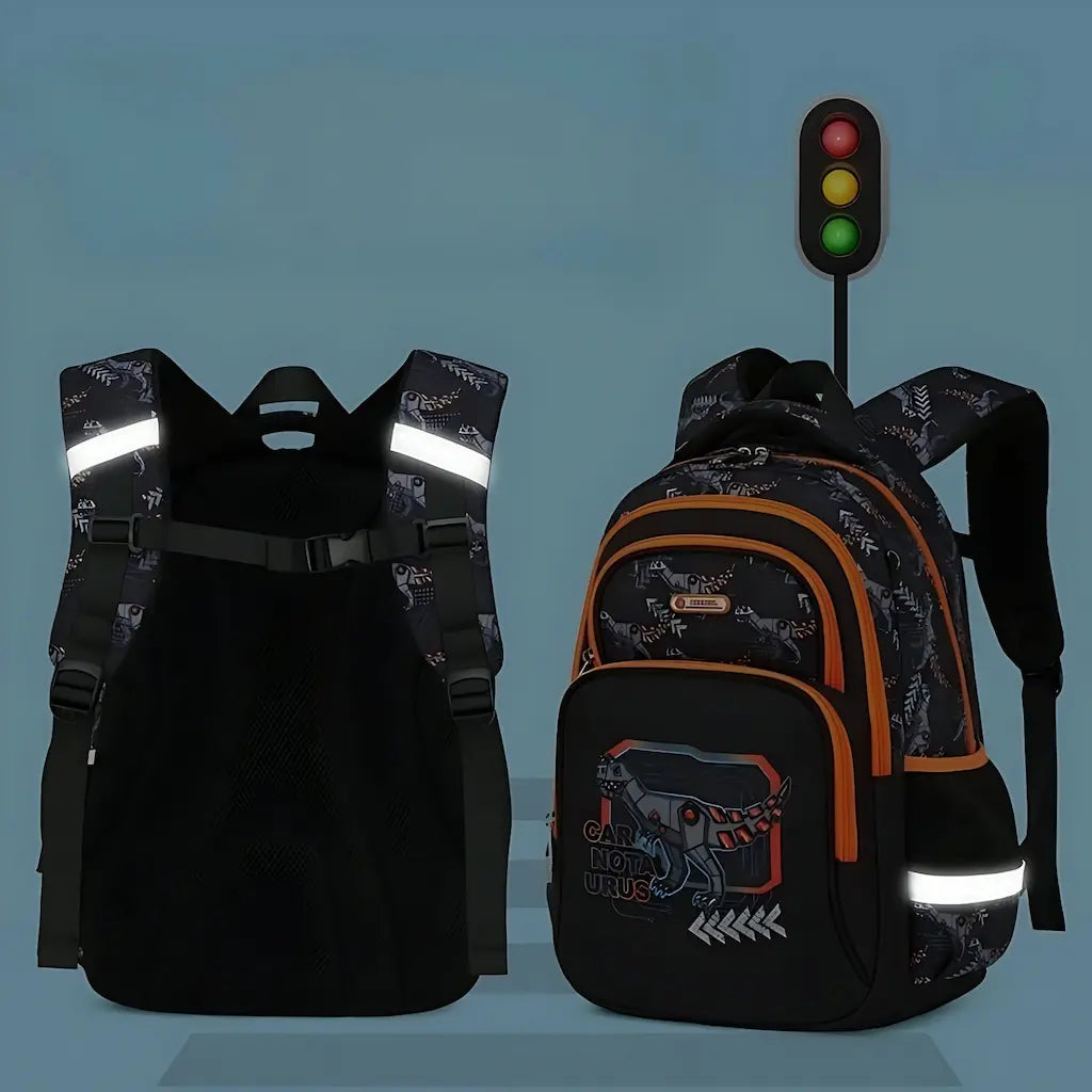 Sac à dos ergonomique garçon noir motif voiture avec bandes réfléchissantes de nuit