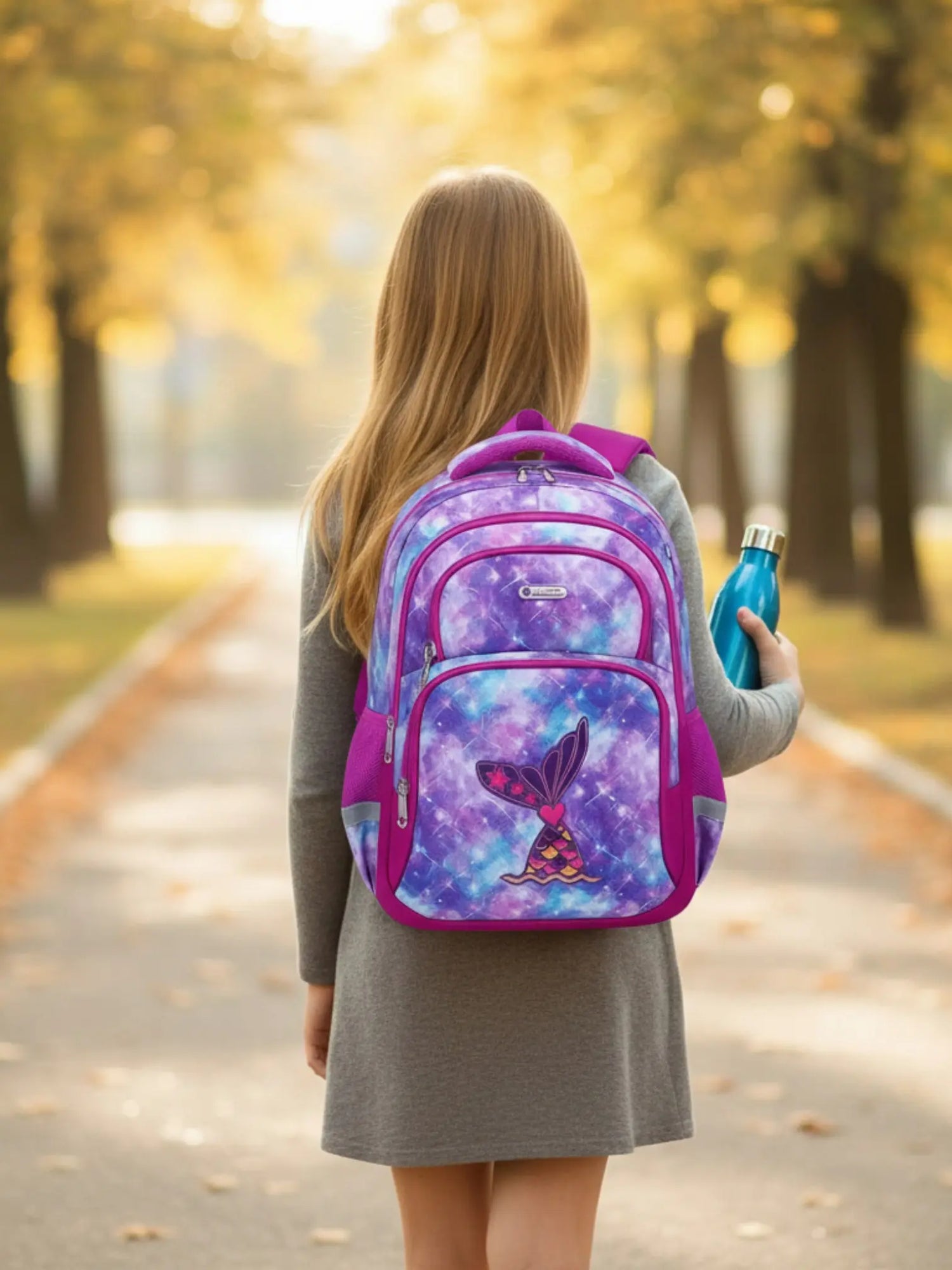 Jeune écolière portant un sac à dos ergonomique au motif sirène dans un parc 